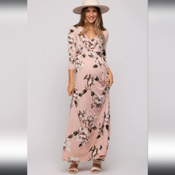 Nwt Pink Blush Blush Pink w/Peach,Lav/White Floral 3/4 Sleeve Jersey Maxidress - Picture 9 of 16